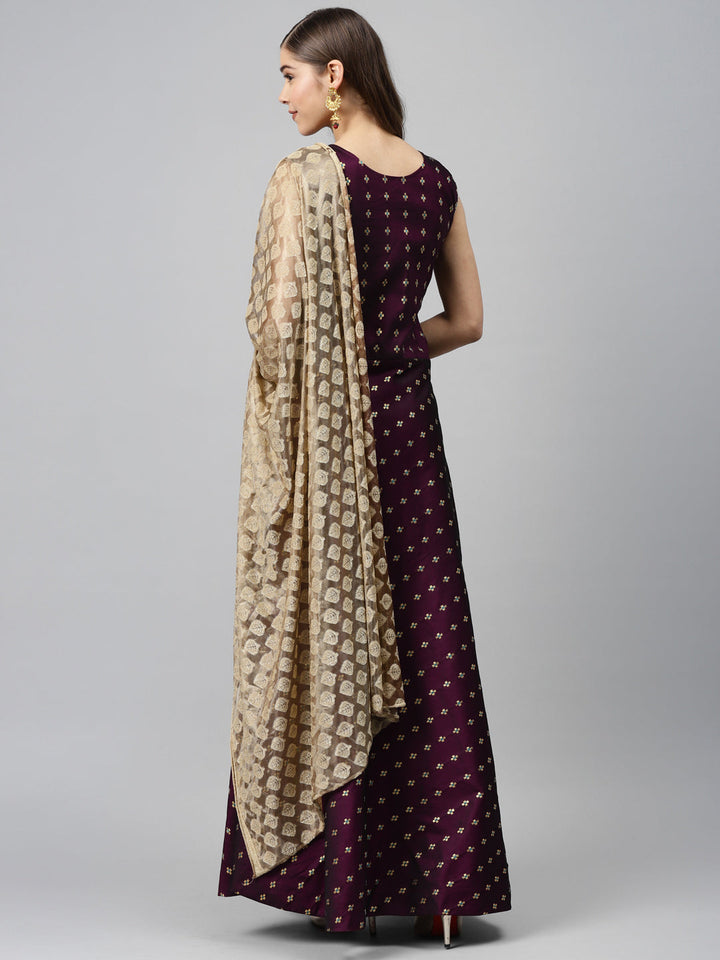 Made to Measure WIne Woven Embroidered Anarkali Set with Contrast Banarasi Dupatta