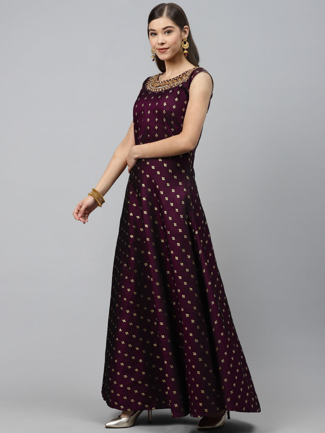 Made to Measure WIne Woven Embroidered Anarkali Set with Contrast Banarasi Dupatta