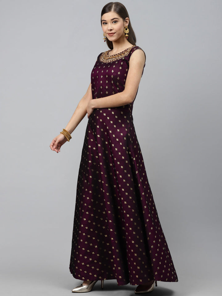 Made to Measure WIne Woven Embroidered Anarkali Set with Contrast Banarasi Dupatta