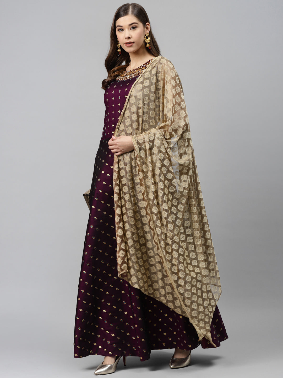 Made to Measure WIne Woven Embroidered Anarkali Set with Contrast Banarasi Dupatta