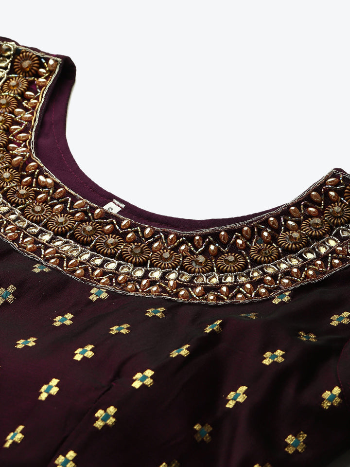Made to Measure WIne Woven Embroidered Anarkali Set with Contrast Banarasi Dupatta