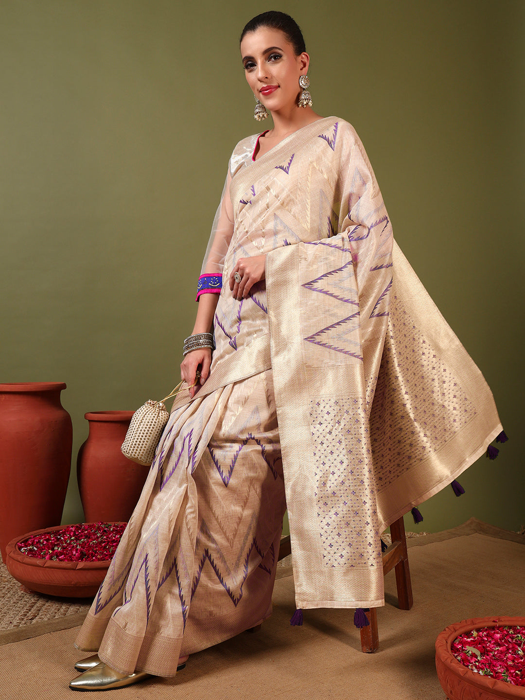 Ageless Traditional Banarasi Chanderi Jute Cotton Saree with Meenakari Resham Weaving