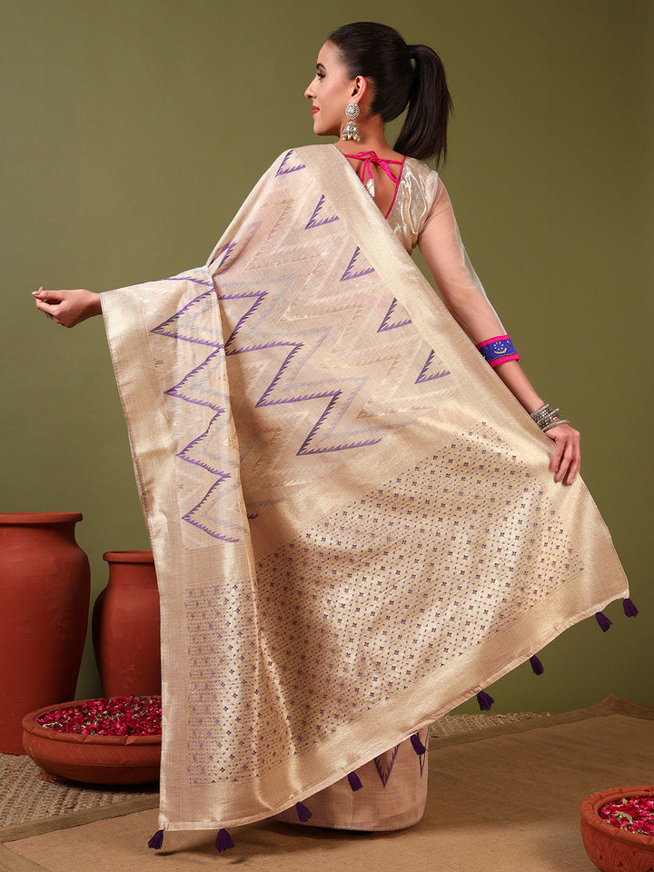 Ageless Traditional Banarasi Chanderi Jute Cotton Saree with Meenakari Resham Weaving