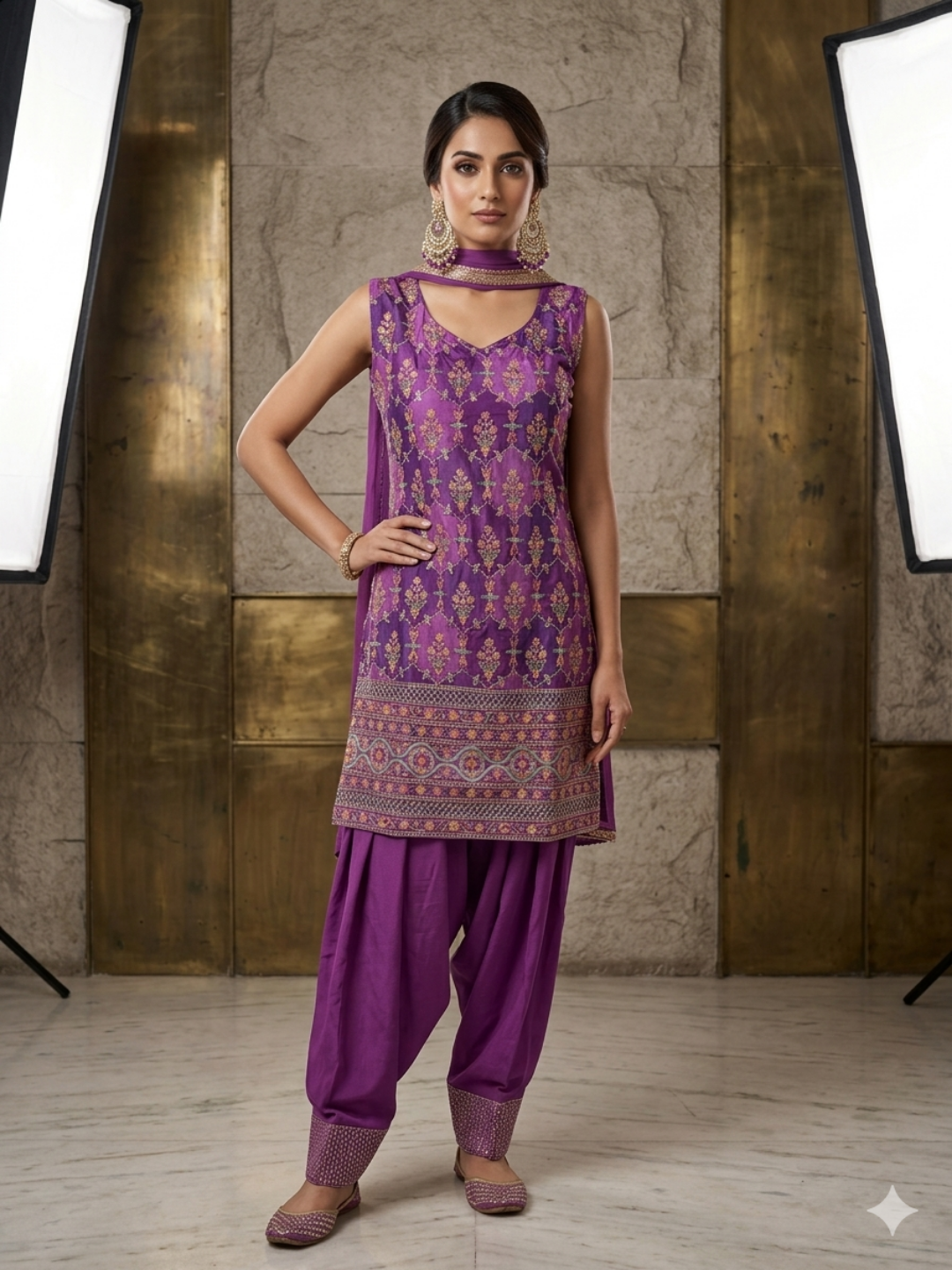 Silk Zari & Meenakari Floral Buti Woven Punjabi Suit Set with Dupatta in Purple