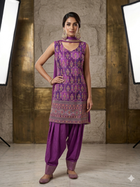 Silk Zari & Meenakari Floral Buti Woven Punjabi Suit Set with Dupatta in Purple