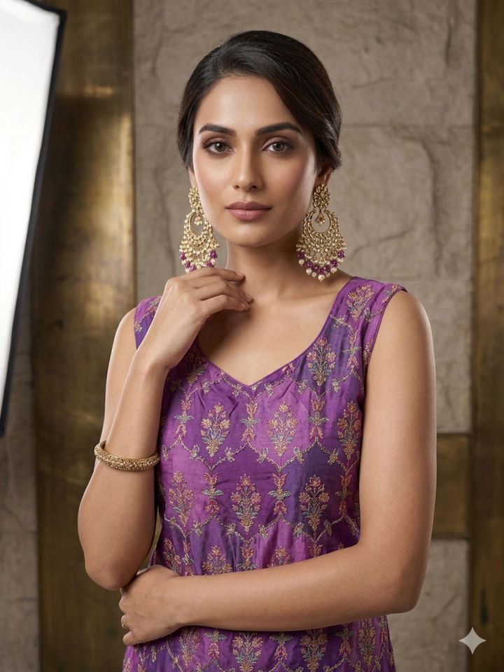 Silk Zari & Meenakari Floral Buti Woven Punjabi Suit Set with Dupatta in Purple
