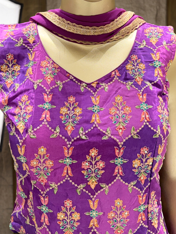 Silk Zari & Meenakari Floral Buti Woven Punjabi Suit Set with Dupatta in Purple