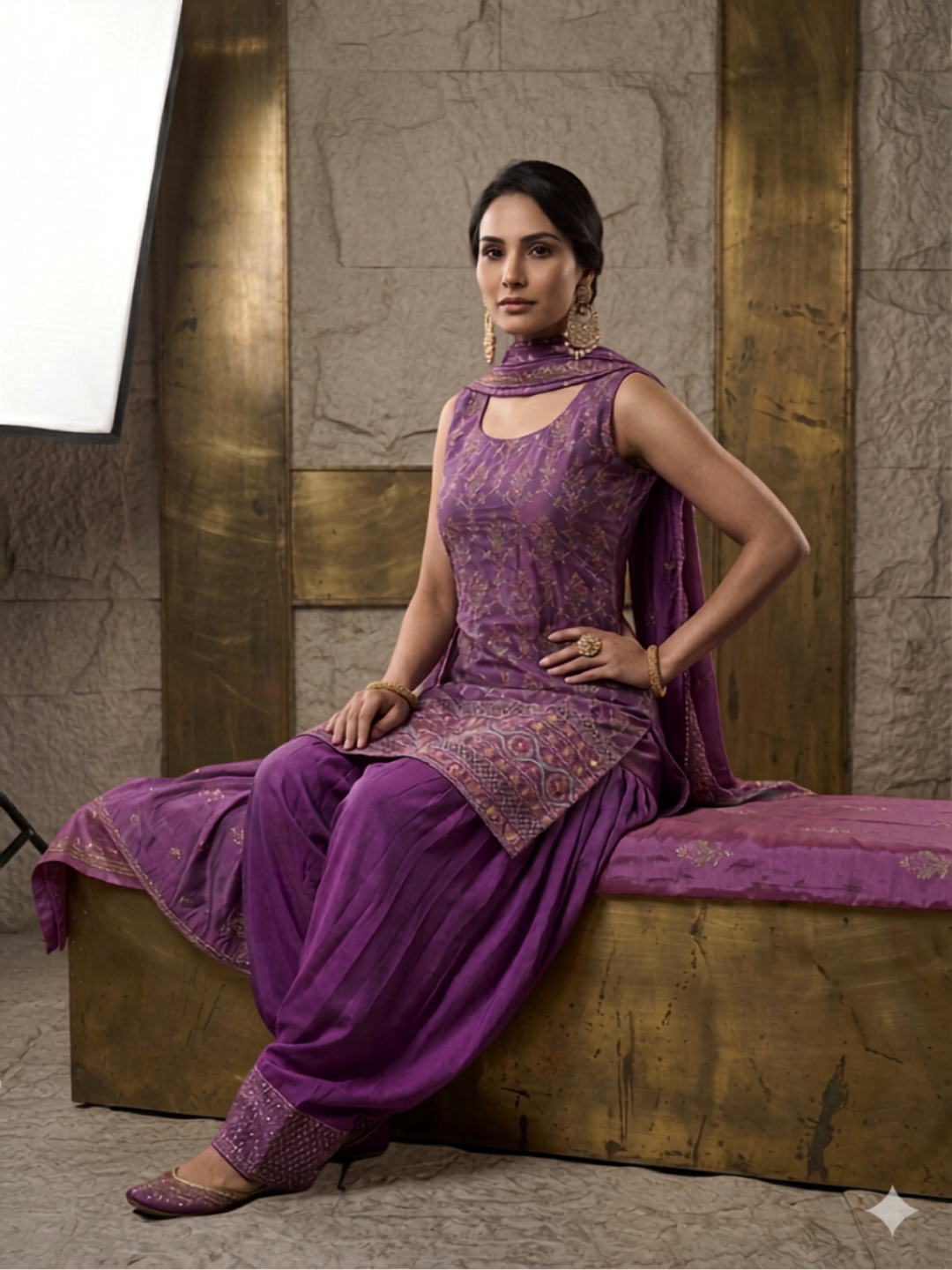 Silk Zari & Meenakari Floral Buti Woven Punjabi Suit Set with Dupatta in Purple