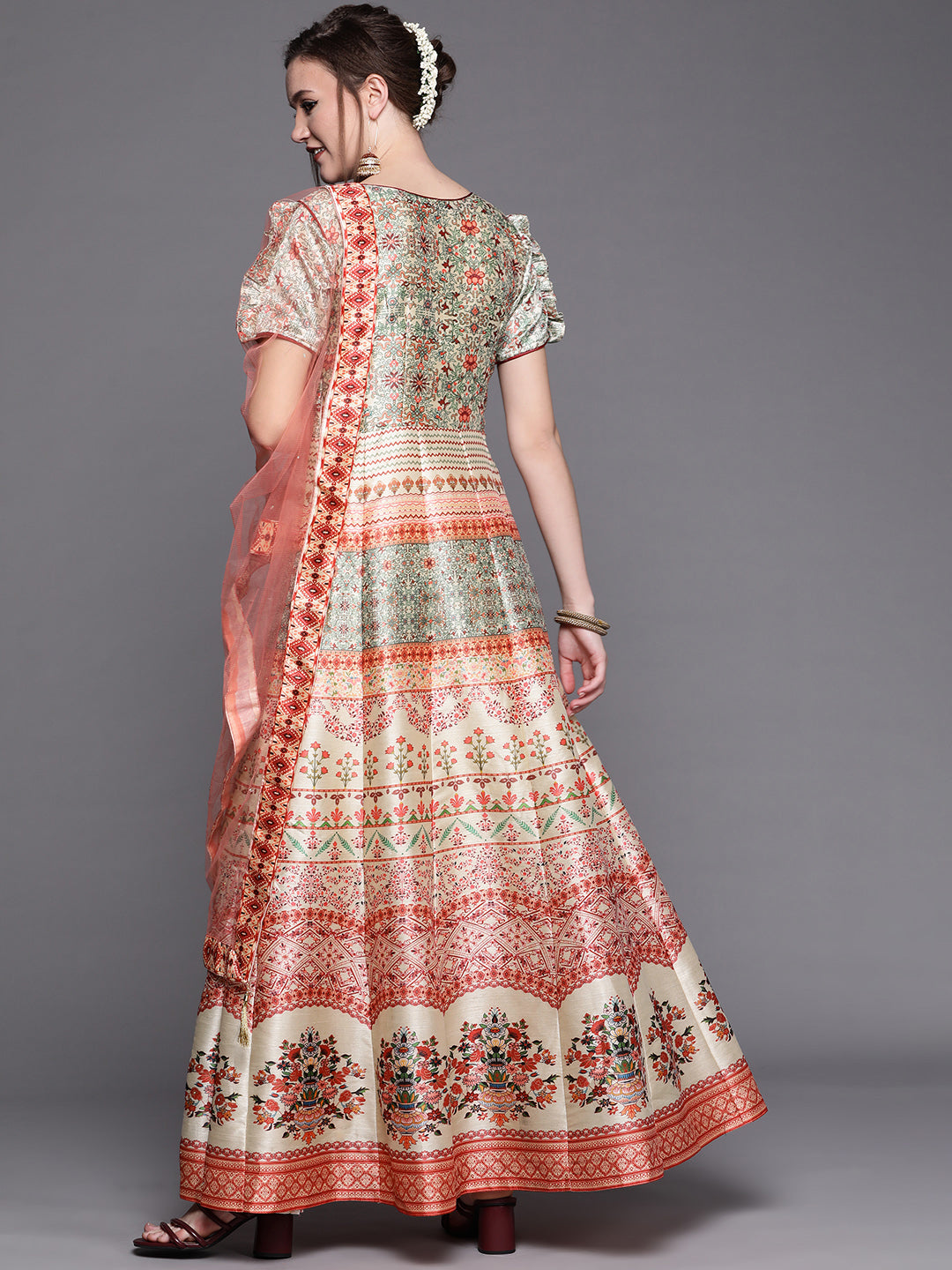Anarkali Cocktail Gown with Bohemian Print in summer floral pattern