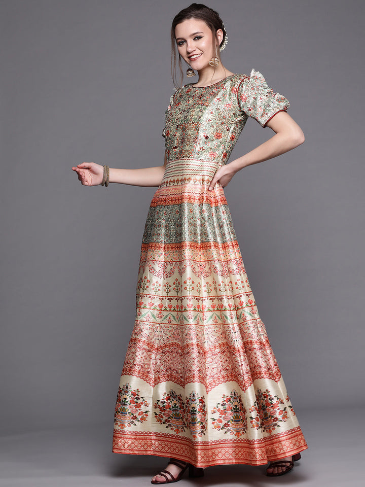 Anarkali Cocktail Gown with Bohemian Print in summer floral pattern