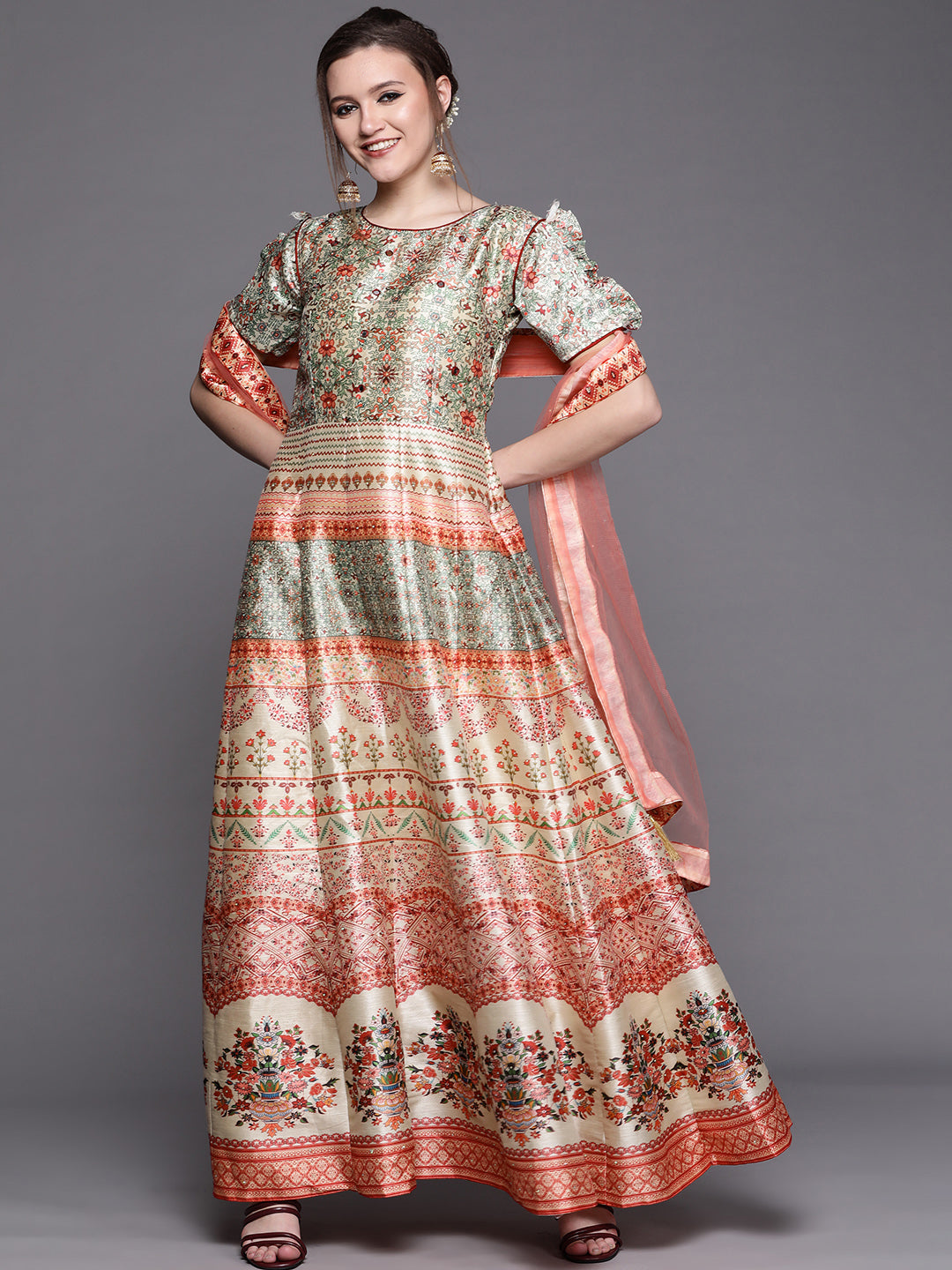 Anarkali Cocktail Gown with Bohemian Print in summer floral pattern