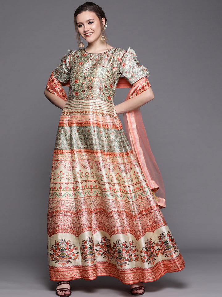 Anarkali Cocktail Gown with Bohemian Print in summer floral pattern