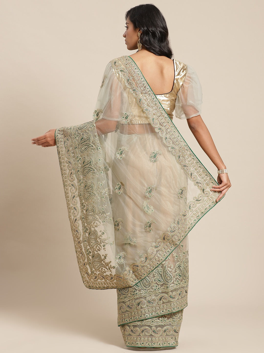 Net Zari Resham Embroidered Saree with dual embroidered border and paisley motifs