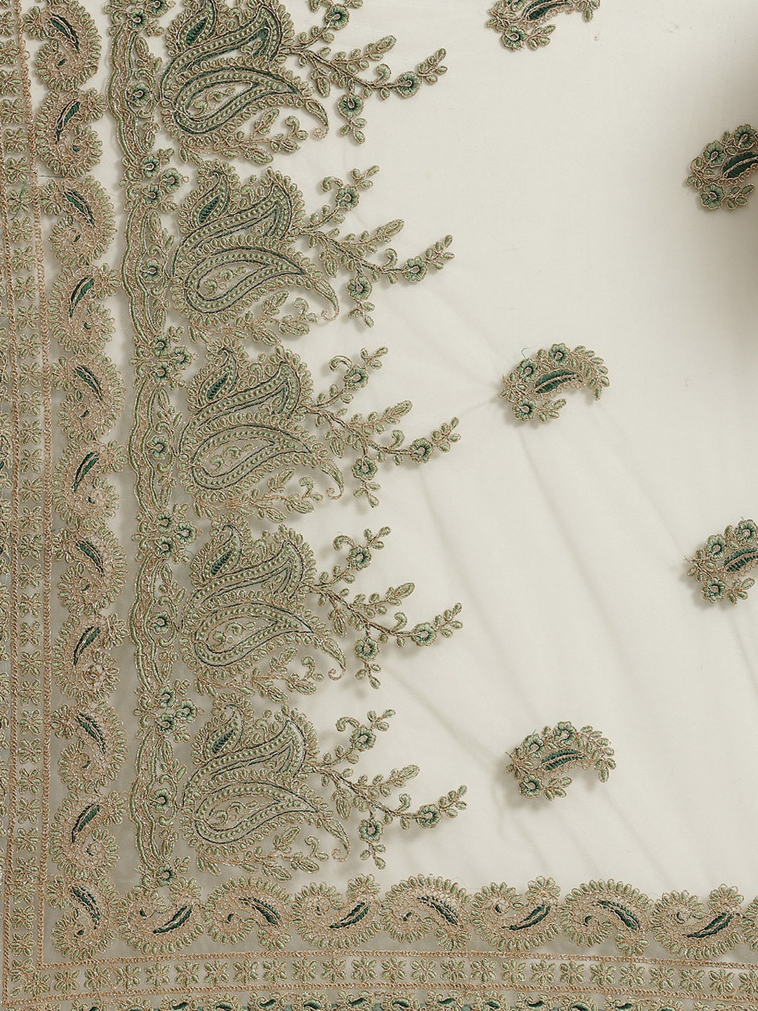 Net Zari Resham Embroidered Saree with dual embroidered border and paisley motifs