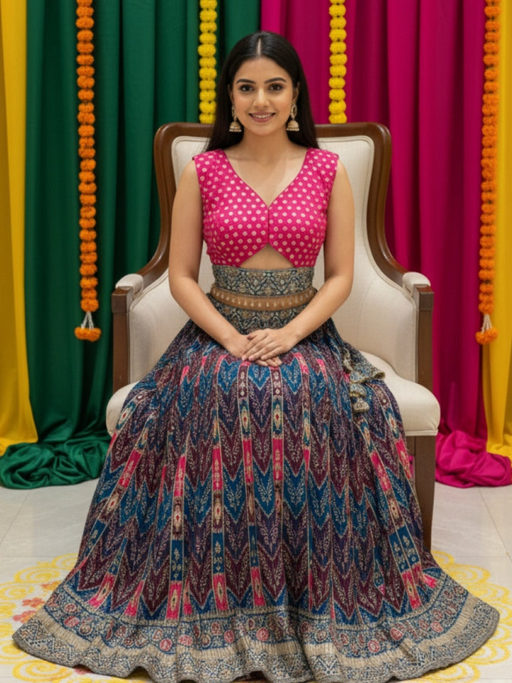 Banarasi Silk Multicolor Kalidar Lehenga with Zari Weaving & Tasseled Embellished Blouse