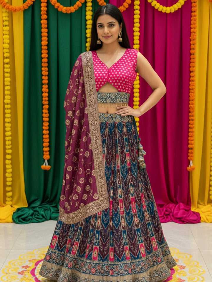 Banarasi Silk Multicolor Kalidar Lehenga with Zari Weaving & Tasseled Embellished Blouse