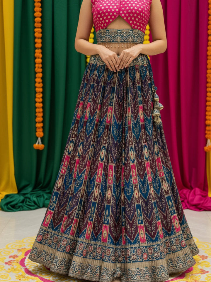 Banarasi Silk Multicolor Kalidar Lehenga with Zari Weaving & Tasseled Embellished Blouse