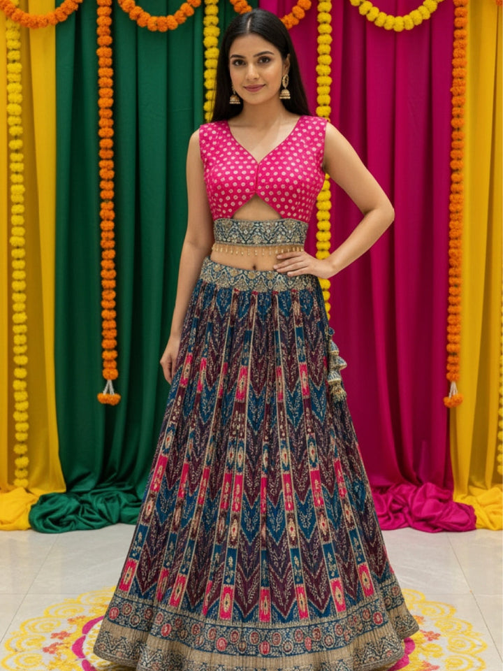 Banarasi Silk Multicolor Kalidar Lehenga with Zari Weaving & Tasseled Embellished Blouse