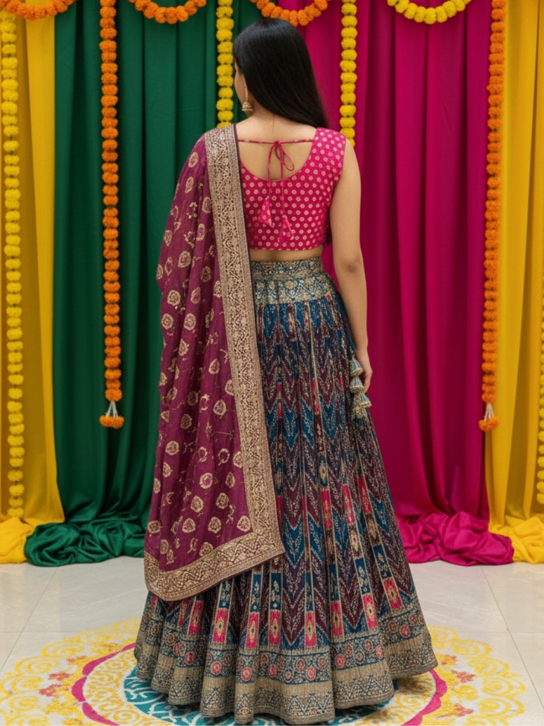 Banarasi Silk Multicolor Kalidar Lehenga with Zari Weaving & Tasseled Embellished Blouse