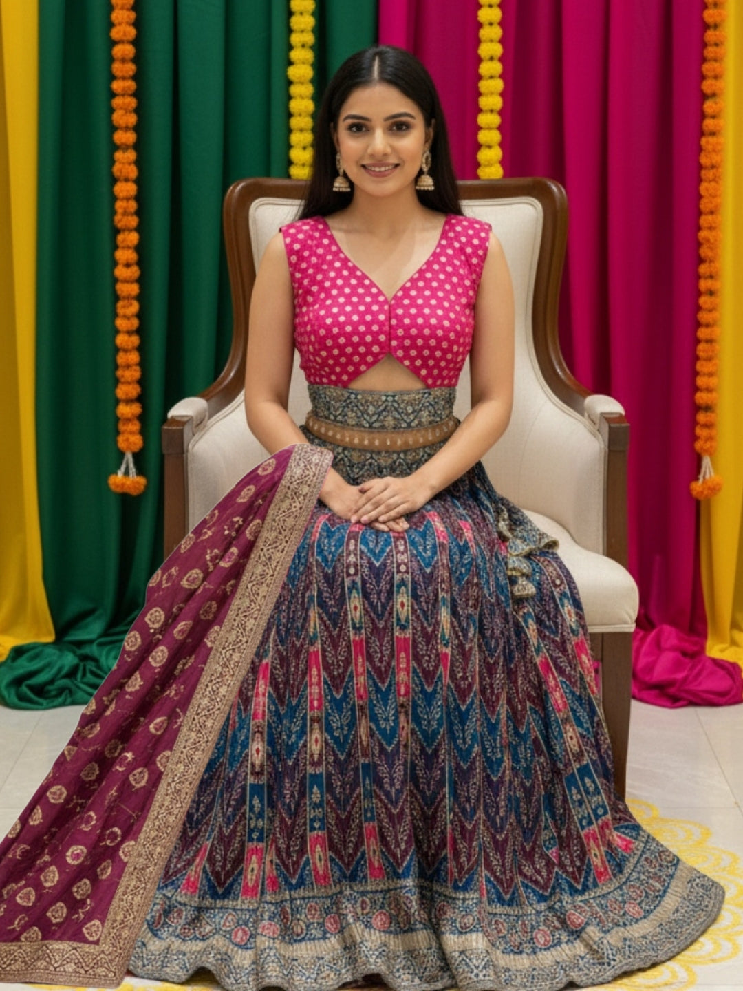 Banarasi Silk Multicolor Kalidar Lehenga with Zari Weaving & Tasseled Embellished Blouse