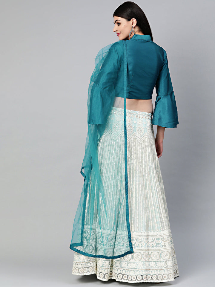 Chikankari Embroidered Lehenga with Jacket style Bell Sleeve Crop Top