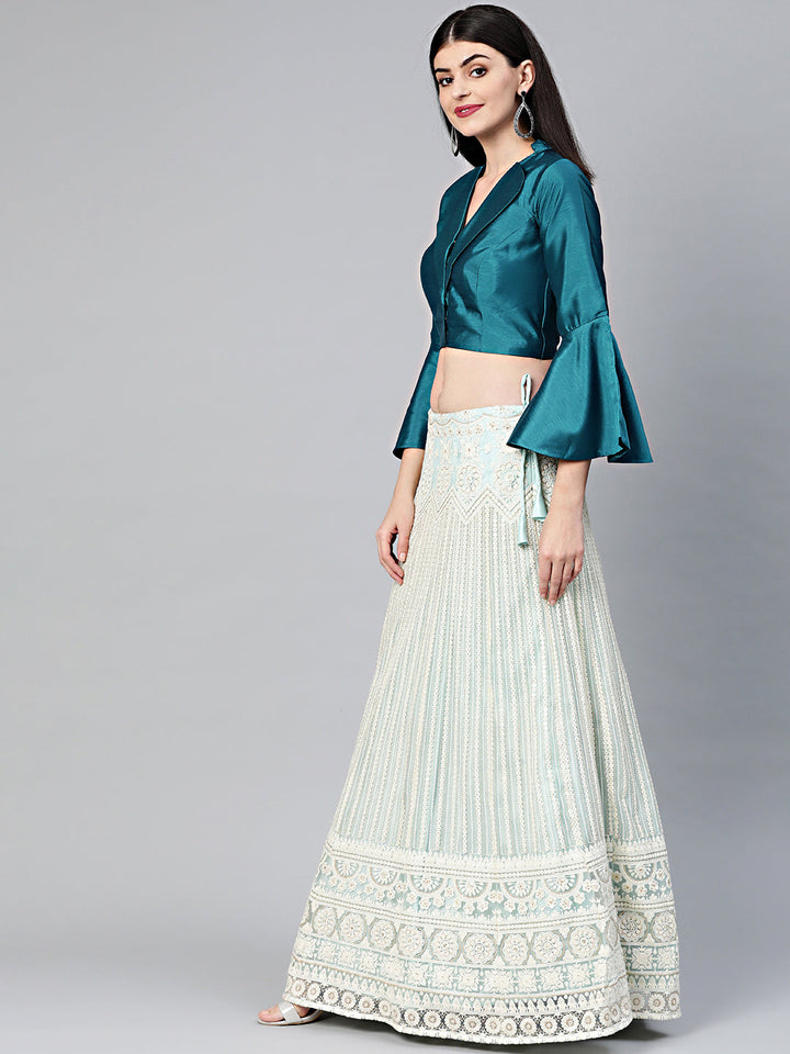 Chikankari Embroidered Lehenga with Jacket style Bell Sleeve Crop Top