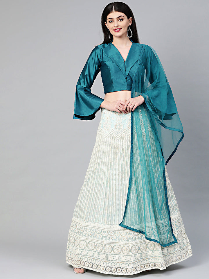 Chikankari Embroidered Lehenga with Jacket style Bell Sleeve Crop Top