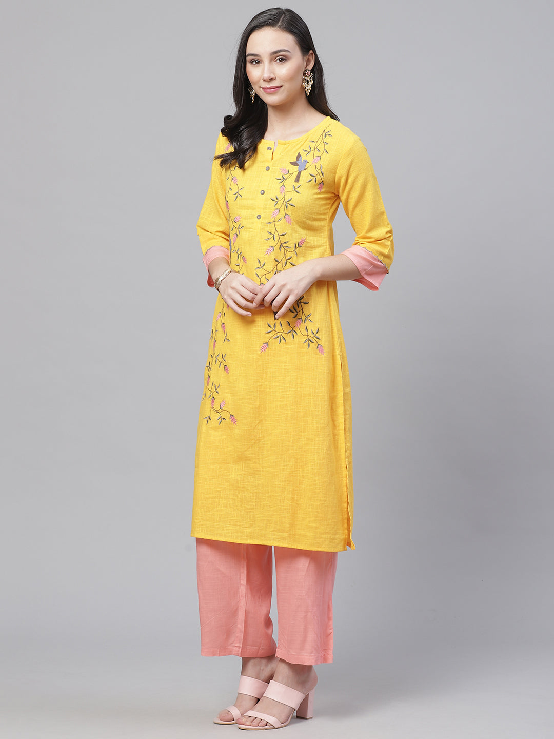 Made to Measure Jute Cotton Kurta Pallazo Set With Stylised Sleeves & Thread Embroidery