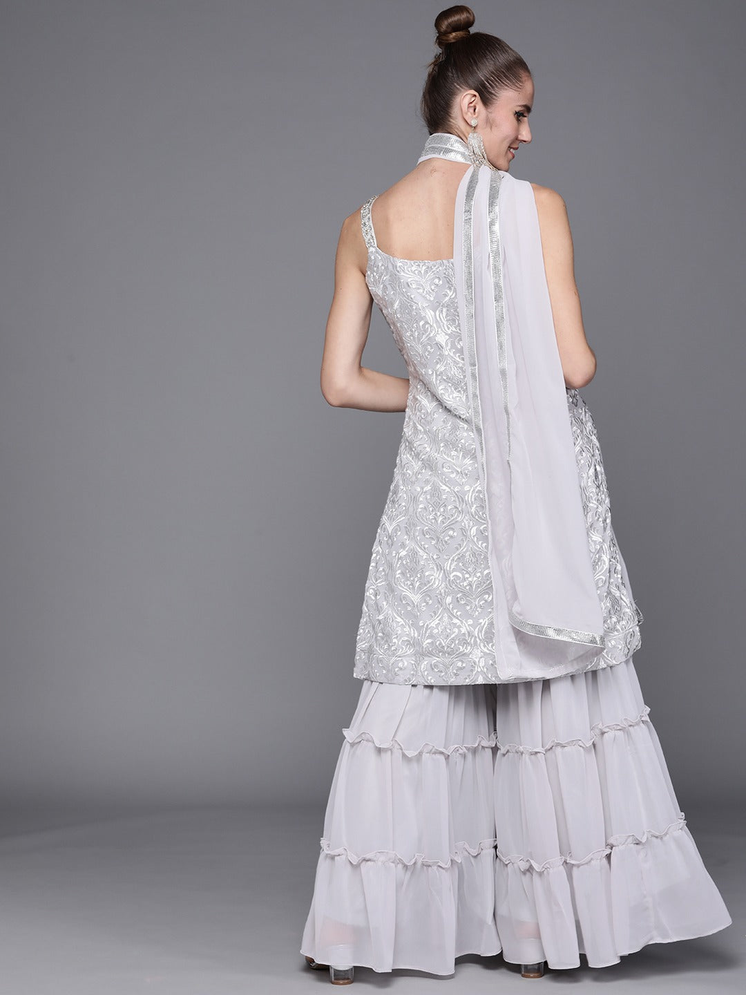 Made to Measure Silver Resham Embroidered  Sharara Suit Set With Embellished Neckline