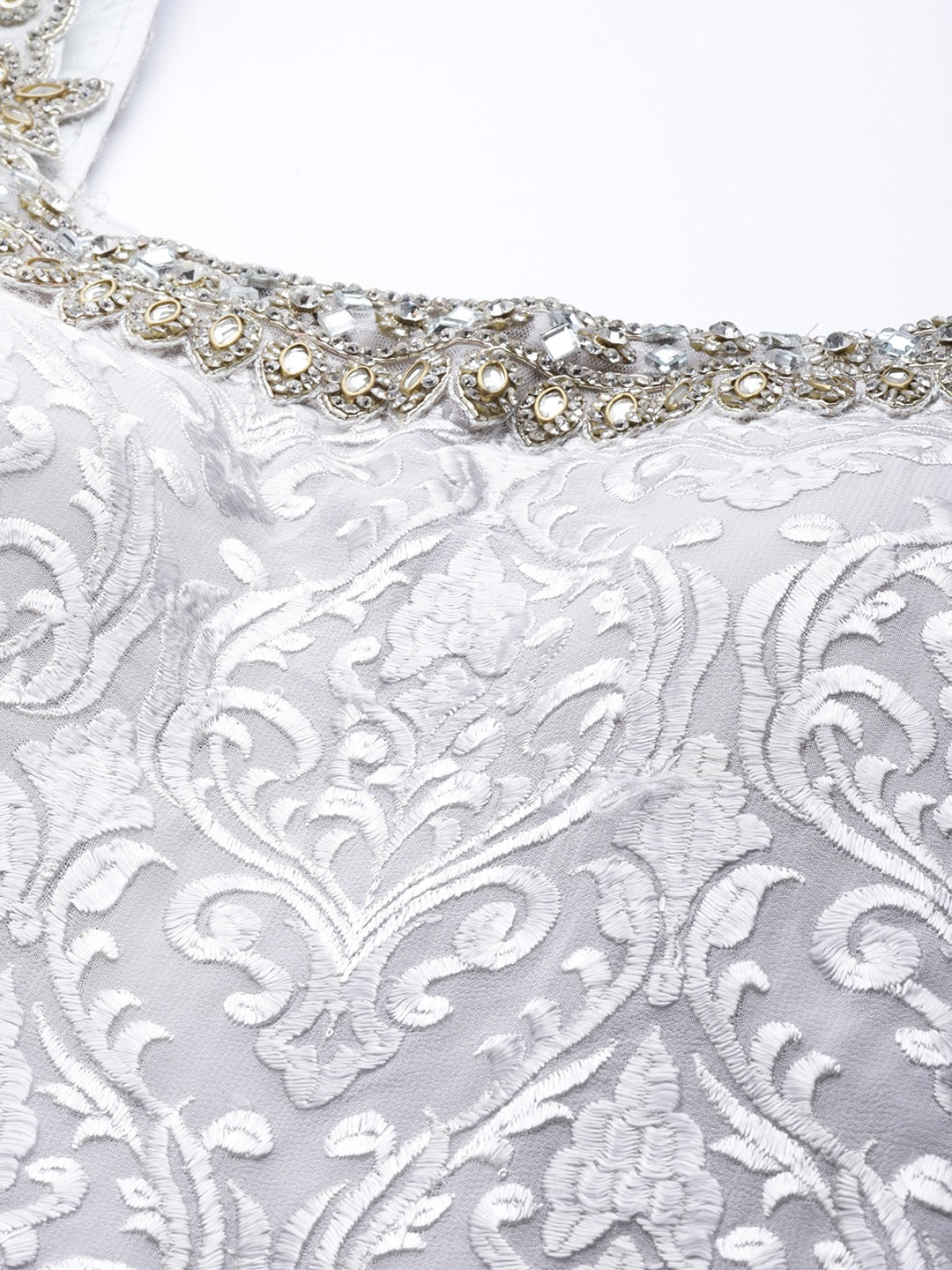 Made to Measure Silver Resham Embroidered  Sharara Suit Set With Embellished Neckline