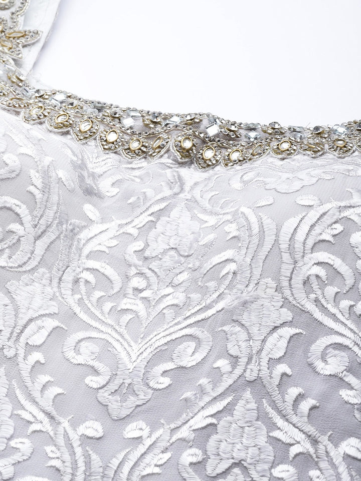 Made to Measure Silver Resham Embroidered  Sharara Suit Set With Embellished Neckline