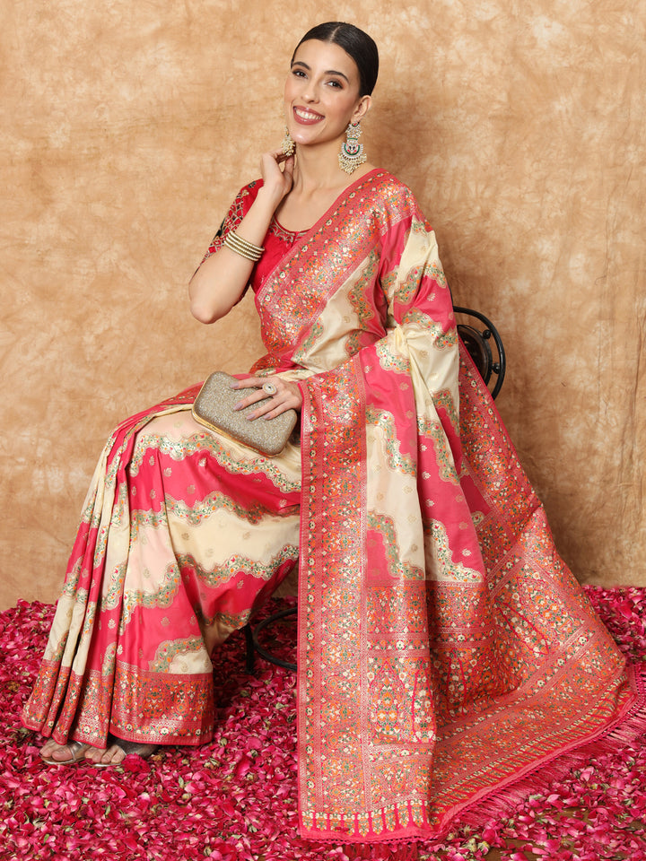 Chhabra 555 Banarasi Handloom Silk Saree with Multicolor Resham Meenakari Leheriya Patterns