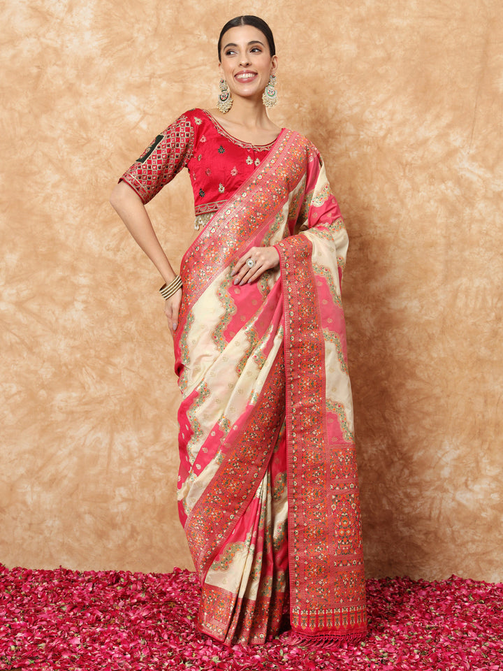 Banarasi Silk Saree with Multicolor Resham Meenakari Leheriya Patterns