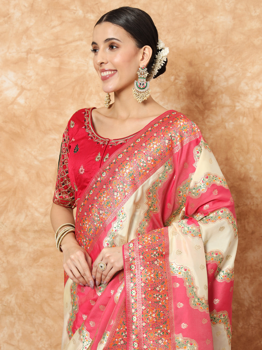 Banarasi Silk Saree with Multicolor Resham Meenakari Leheriya Patterns