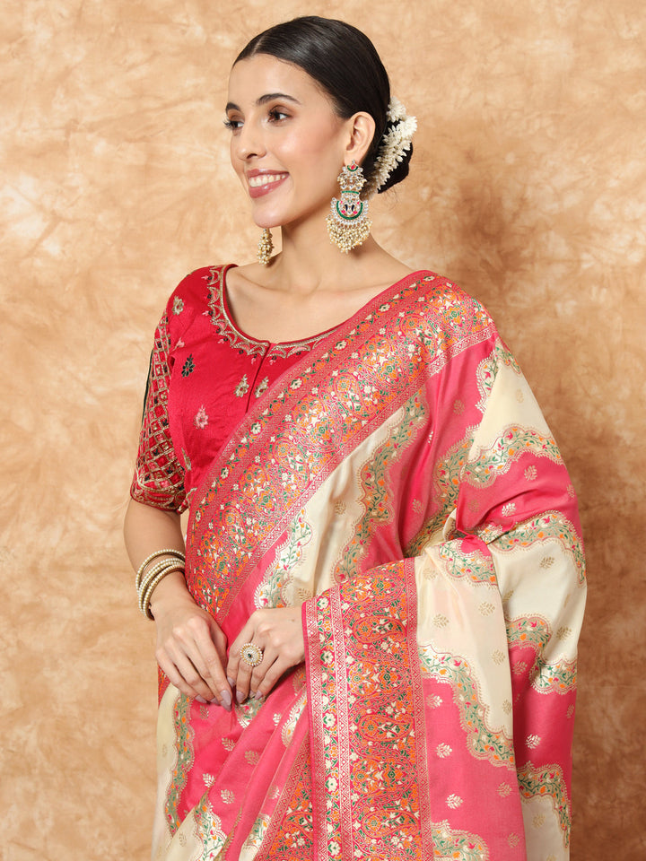 Banarasi Silk Saree with Multicolor Resham Meenakari Leheriya Patterns