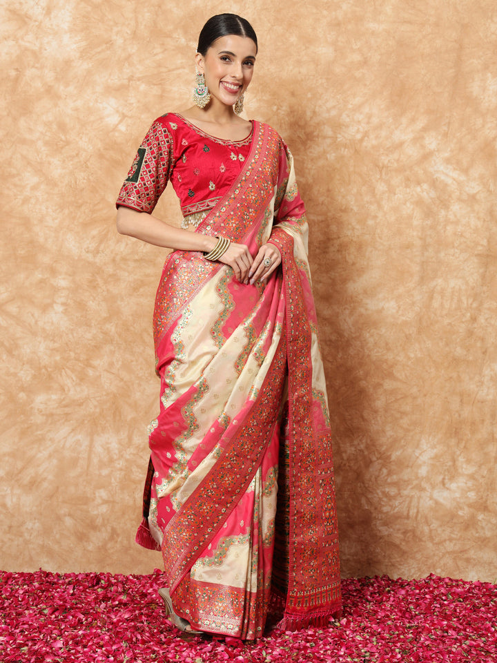 Banarasi Silk Saree with Multicolor Resham Meenakari Leheriya Patterns