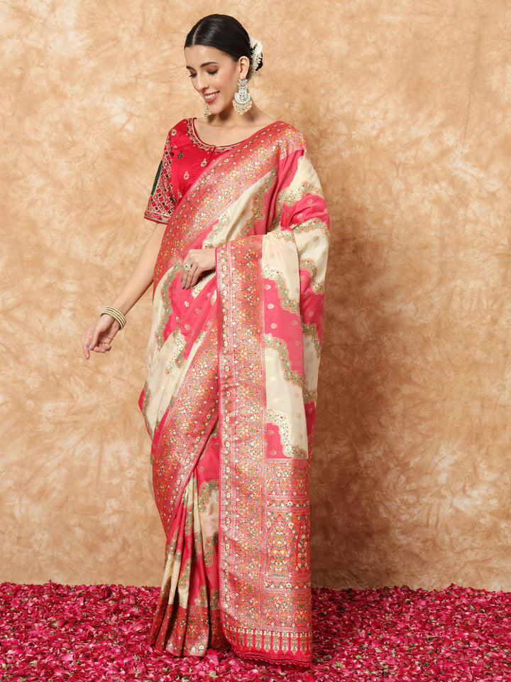 Banarasi Silk Saree with Multicolor Resham Meenakari Leheriya Patterns