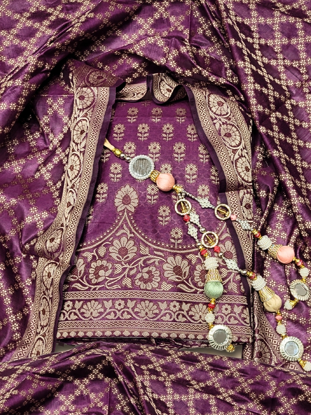 Chhabra 555 Banarasi Silk Dress Material with Scalloped Floral Motifs & Jaal pattern Jhallar Dupatta