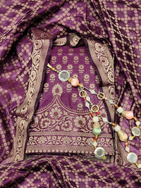 Chhabra 555 Banarasi Silk Dress Material with Scalloped Floral Motifs & Jaal pattern Jhallar Dupatta