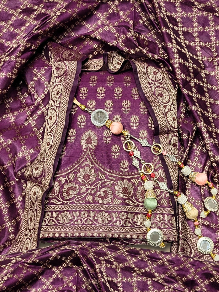 Chhabra 555 Banarasi Silk Dress Material with Scalloped Floral Motifs & Jaal pattern Jhallar Dupatta