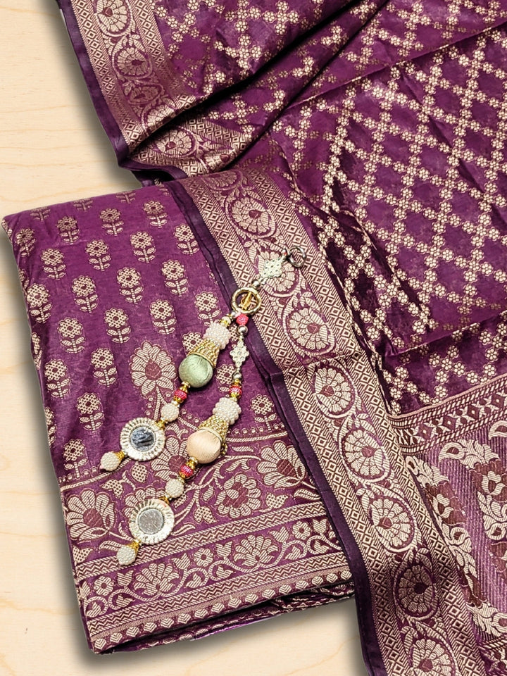 Banarasi Silk Dress Material with Scalloped Floral Motifs & Jaal pattern Jhallar Dupatta