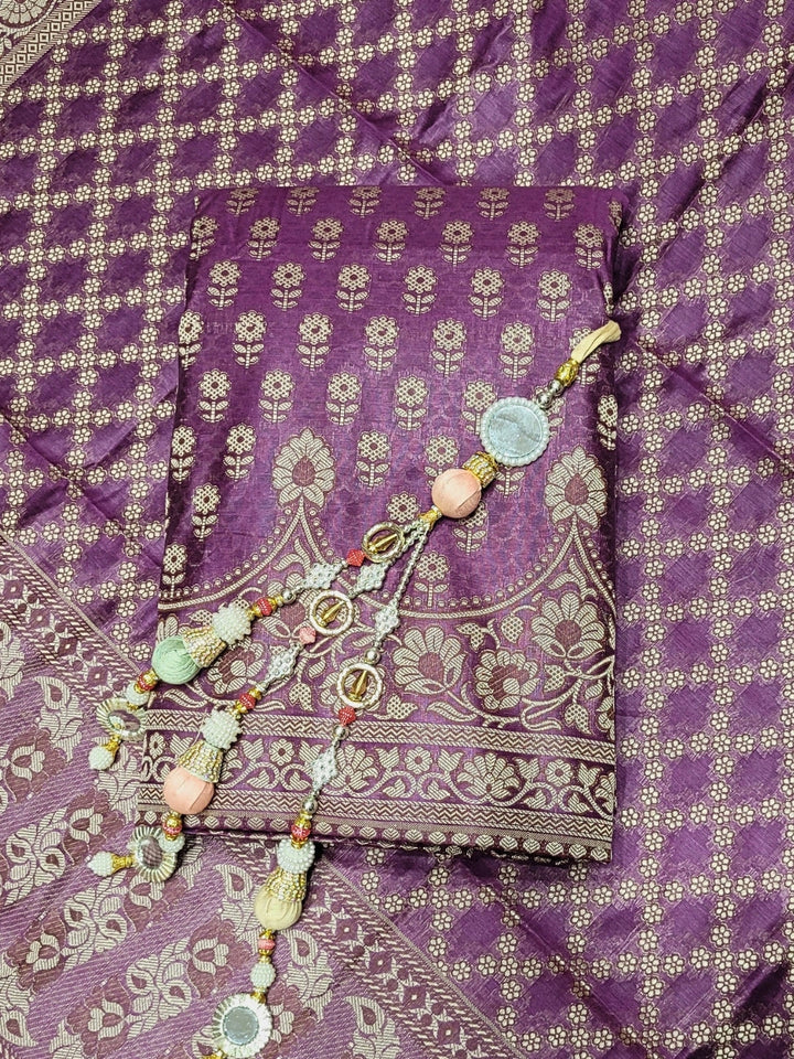 Banarasi Silk Dress Material with Scalloped Floral Motifs & Jaal pattern Jhallar Dupatta