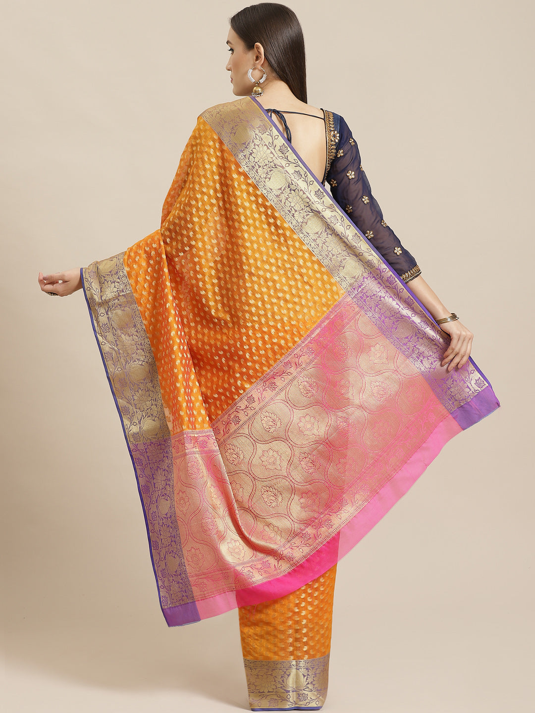 Mustard Orange Handloom Chanderi Saree with Paisleys Weaving & Contrast Border, Blouse