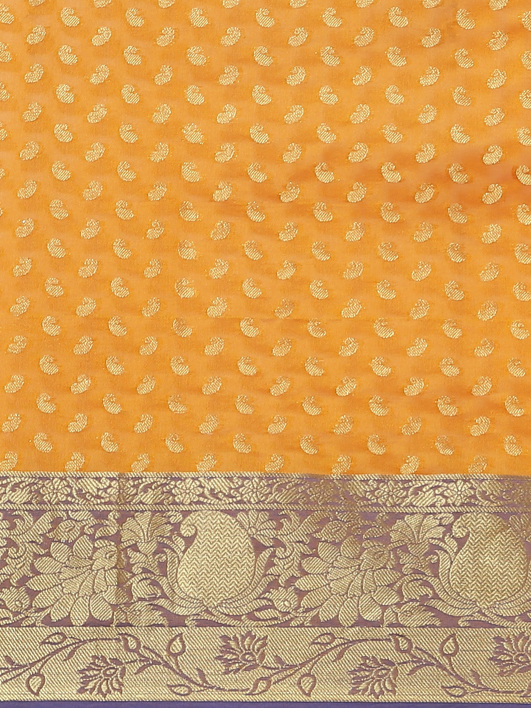 Mustard Orange Handloom Chanderi Saree with Paisleys Weaving & Contrast Border, Blouse