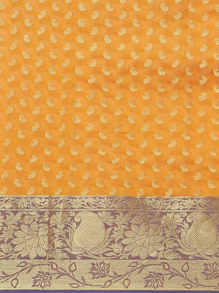 Mustard Orange Handloom Chanderi Saree with Paisleys Weaving & Contrast Border, Blouse