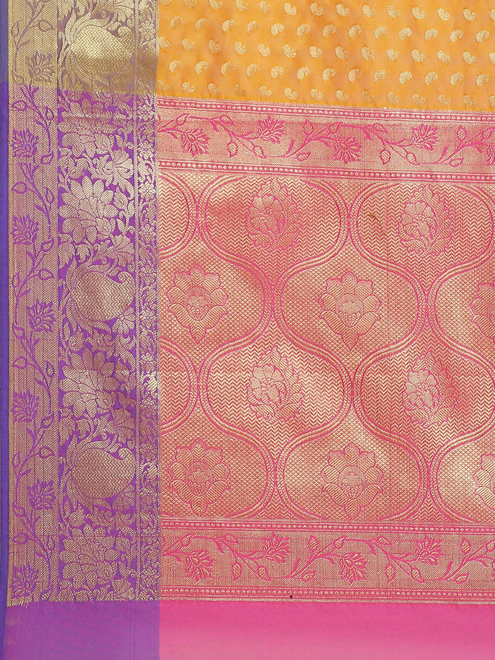 Mustard Orange Handloom Chanderi Saree with Paisleys Weaving & Contrast Border, Blouse