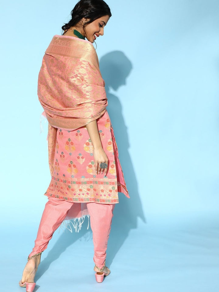 Pink Banarasi Woven Kurta Dupatta Set with Dhoti Pants