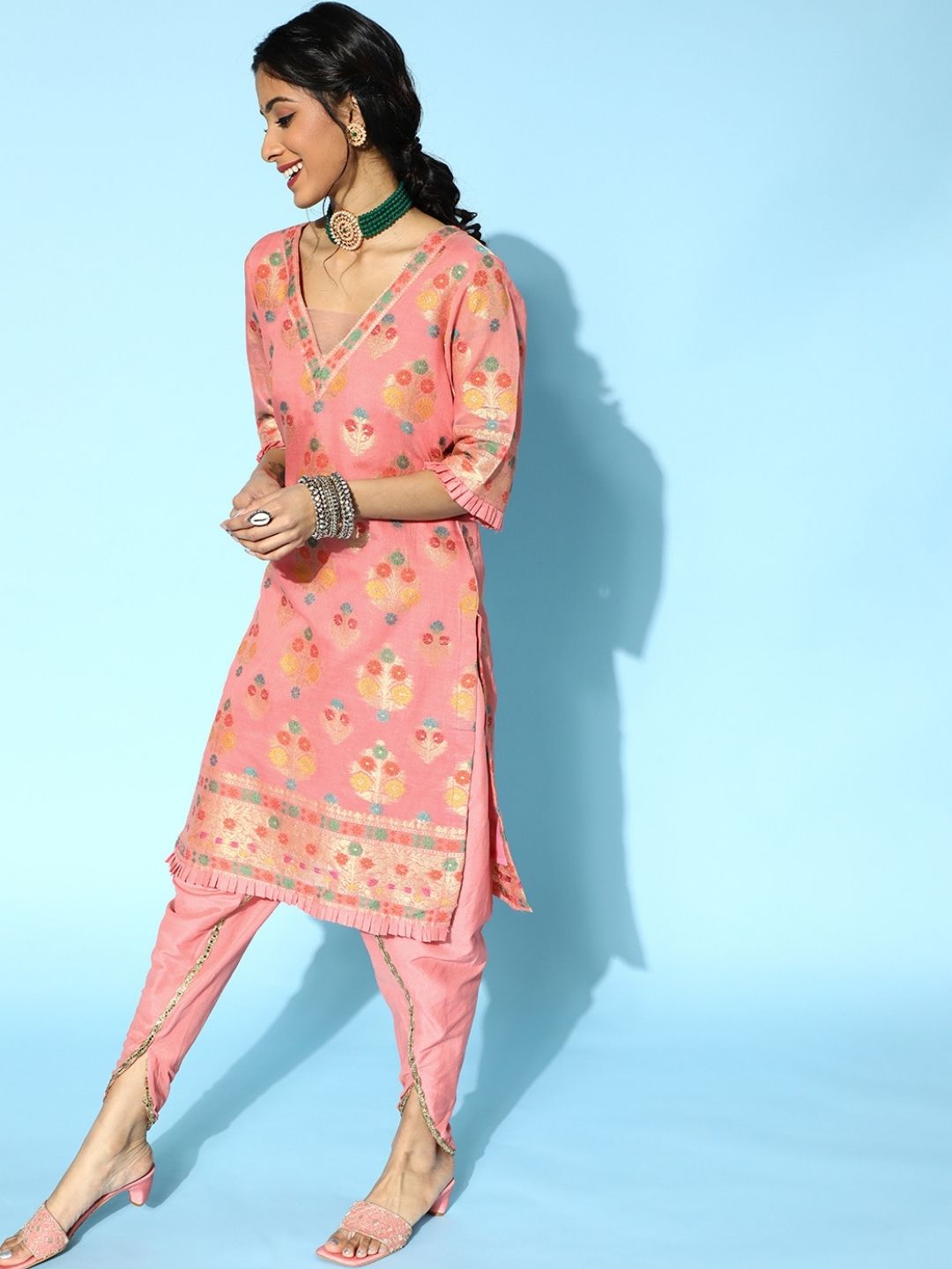 Pink Banarasi Woven Kurta Dupatta Set with Dhoti Pants