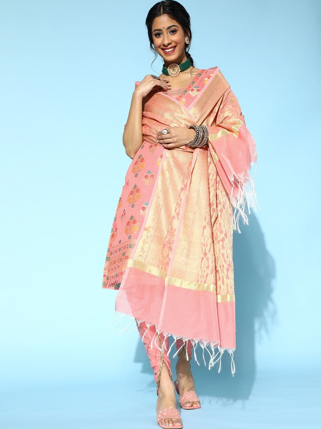 Pink Banarasi Woven Kurta Dupatta Set with Dhoti Pants