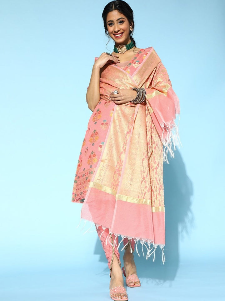 Pink Banarasi Woven Kurta Dupatta Set with Dhoti Pants